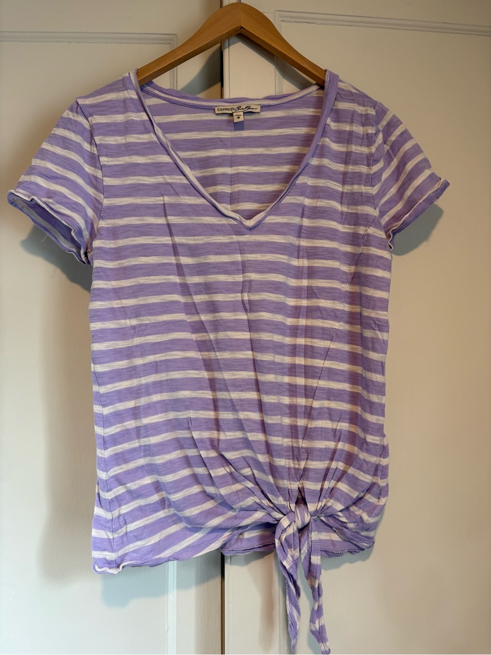 Express One Eleven Purple and White Striped Tie Front V-Neck Short Sleeve Tee